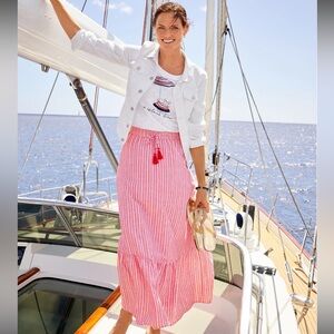 Talbots Skirt Sz: XL Maxi Red White Stripe Linen Tassel Tiered Lined Cottagecore